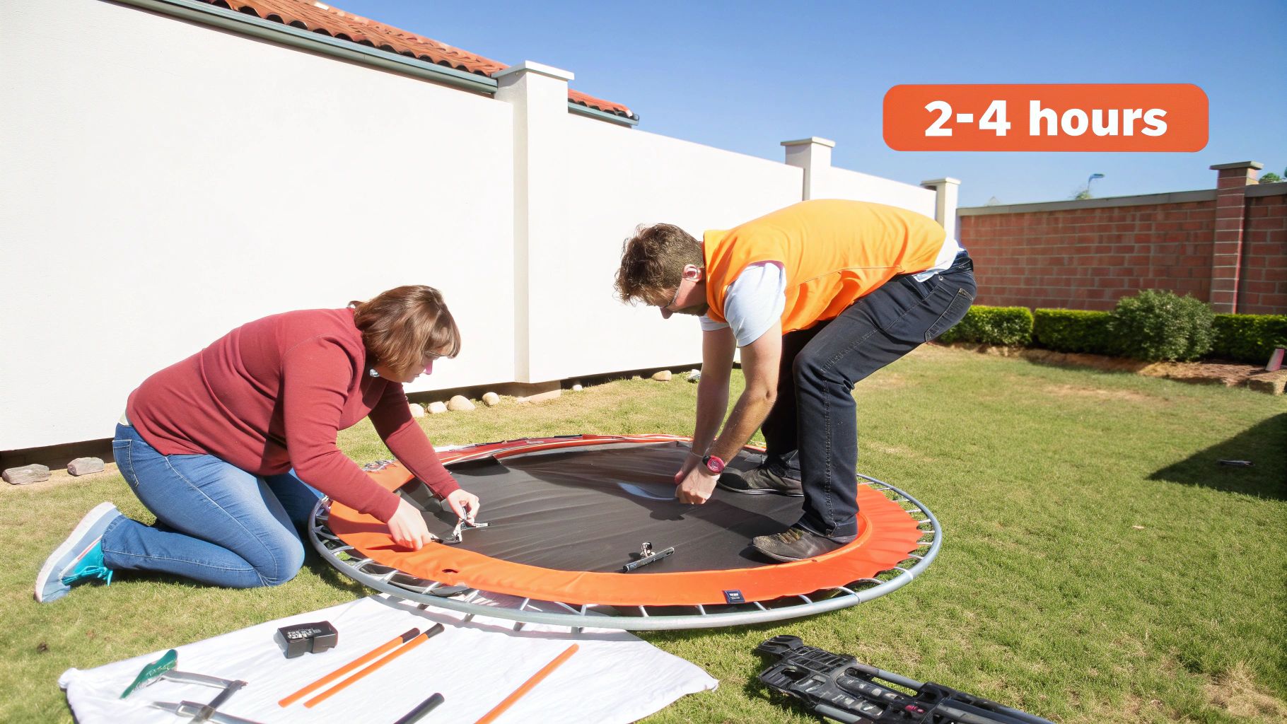 Two people assemble a trampoline on green grass in a sunny backyard, indicating 2-4 hours assembly time.