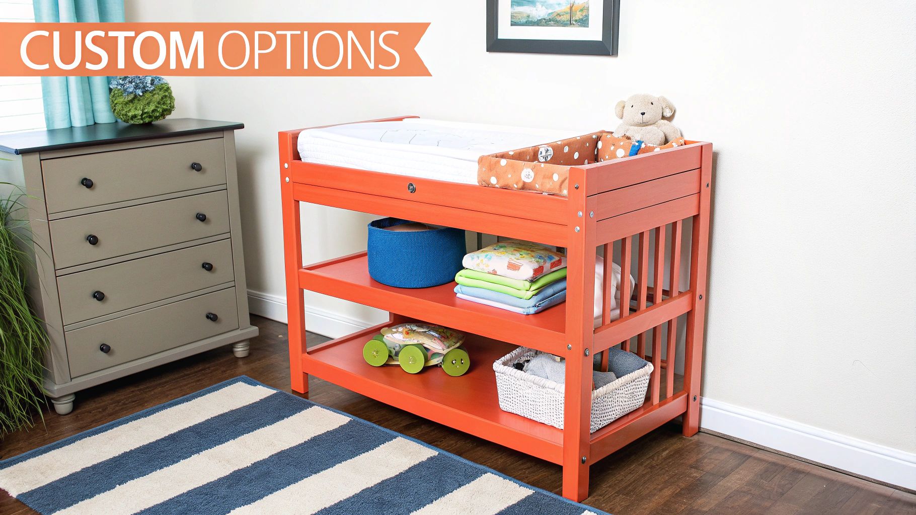 A parent using a changing table with a dresser combo style, highlighting ample storage.