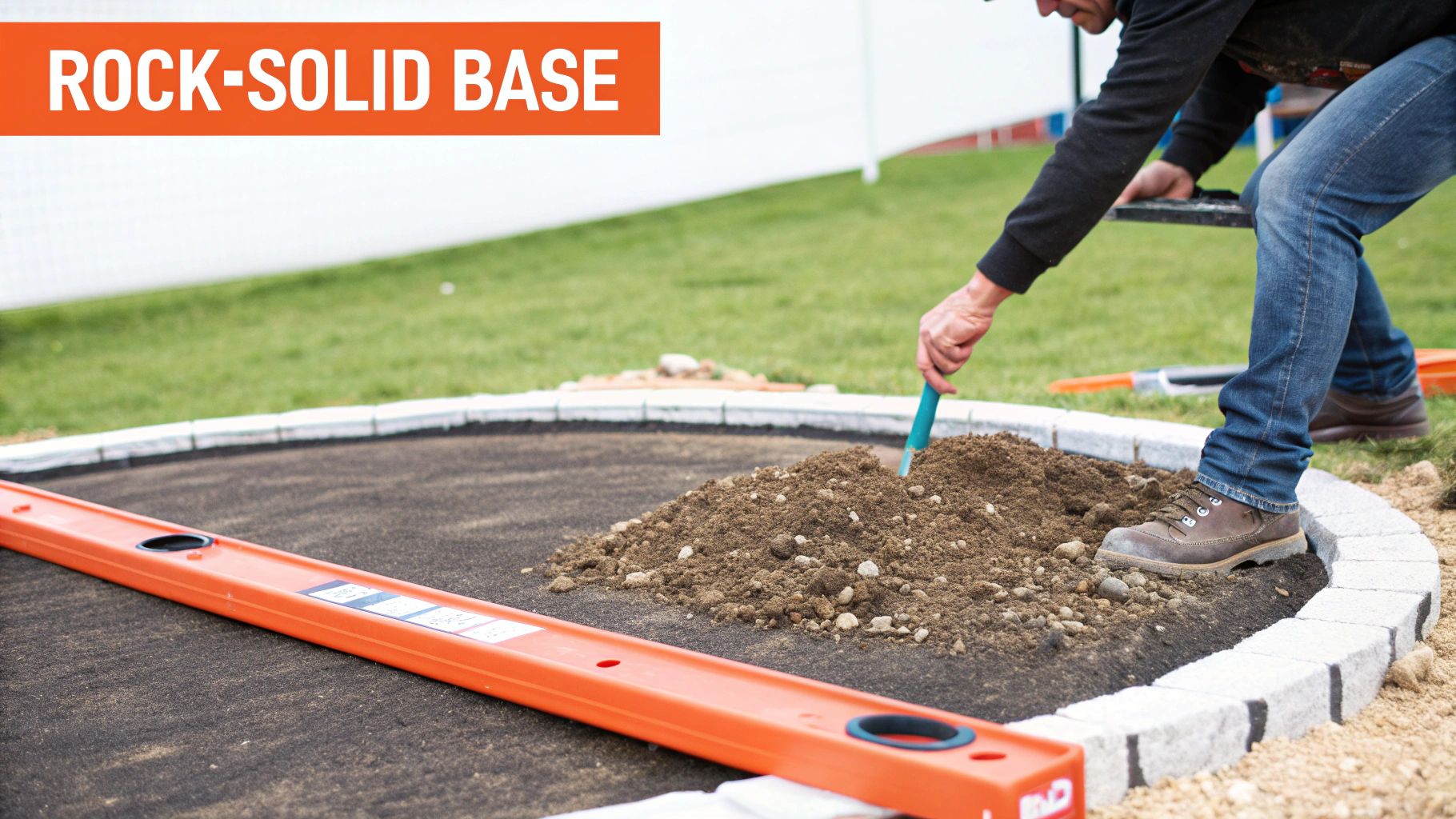 A person leveling ground inside a circular stone border, preparing a rock-solid base for a trampoline.