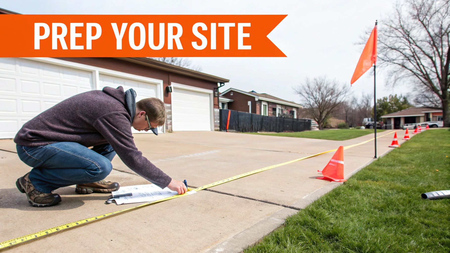 A person measures a concrete driveway with a tape measure and notes for site preparation.
