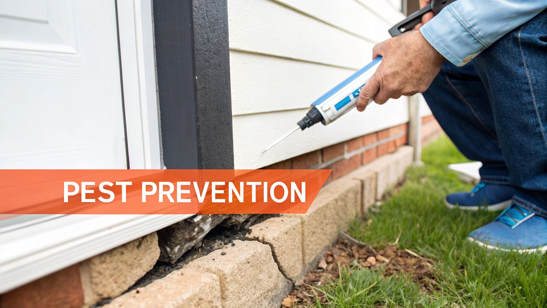 A person seals cracks around a house foundation with a caulk gun for pest prevention.