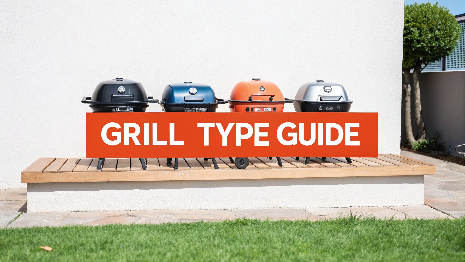 Four portable grills in black, blue, orange, and silver on a wooden bench, with a 'GRILL TYPE GUIDE' banner.
