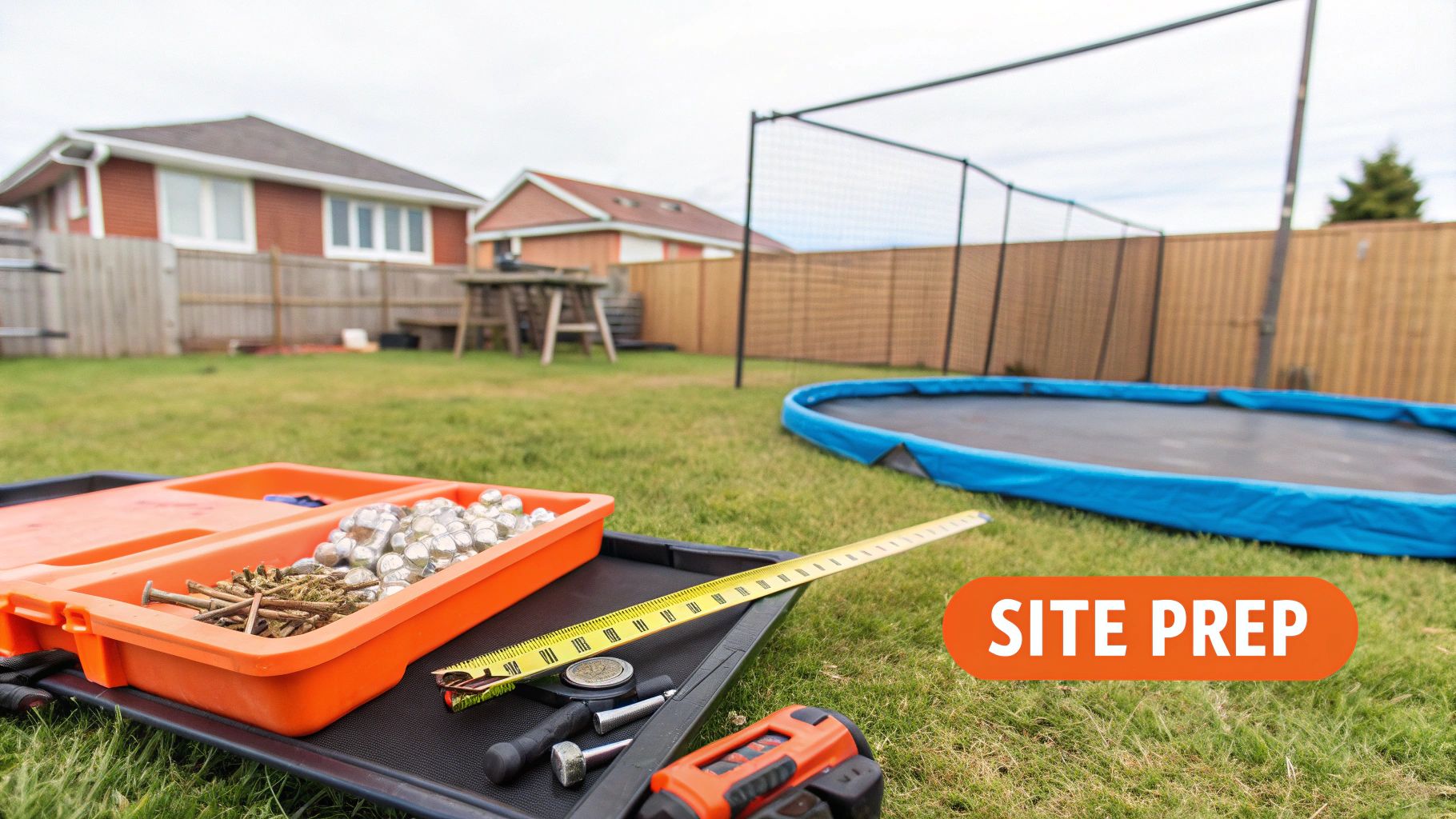 Site preparation for trampoline assembly with tools, fasteners, and measuring tape on grass.