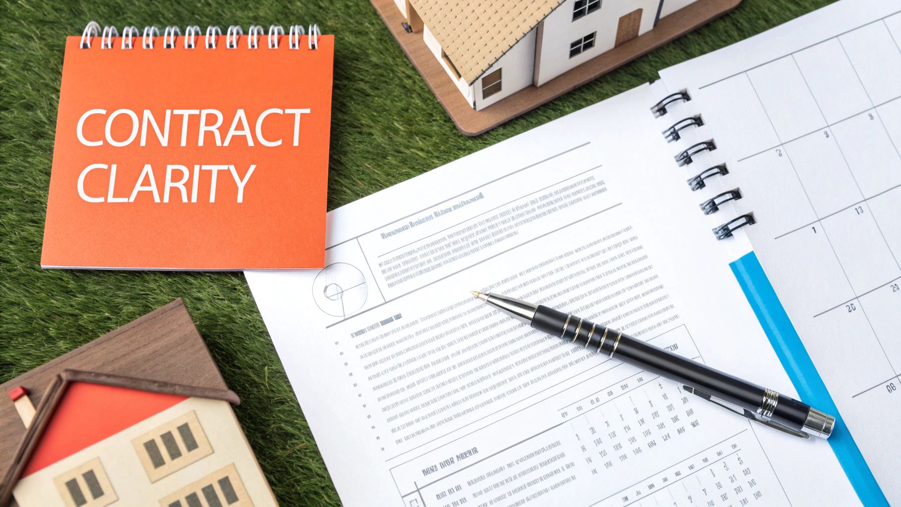 Contract clarity notebook with home model, documents, pen and calendar for contractor agreements