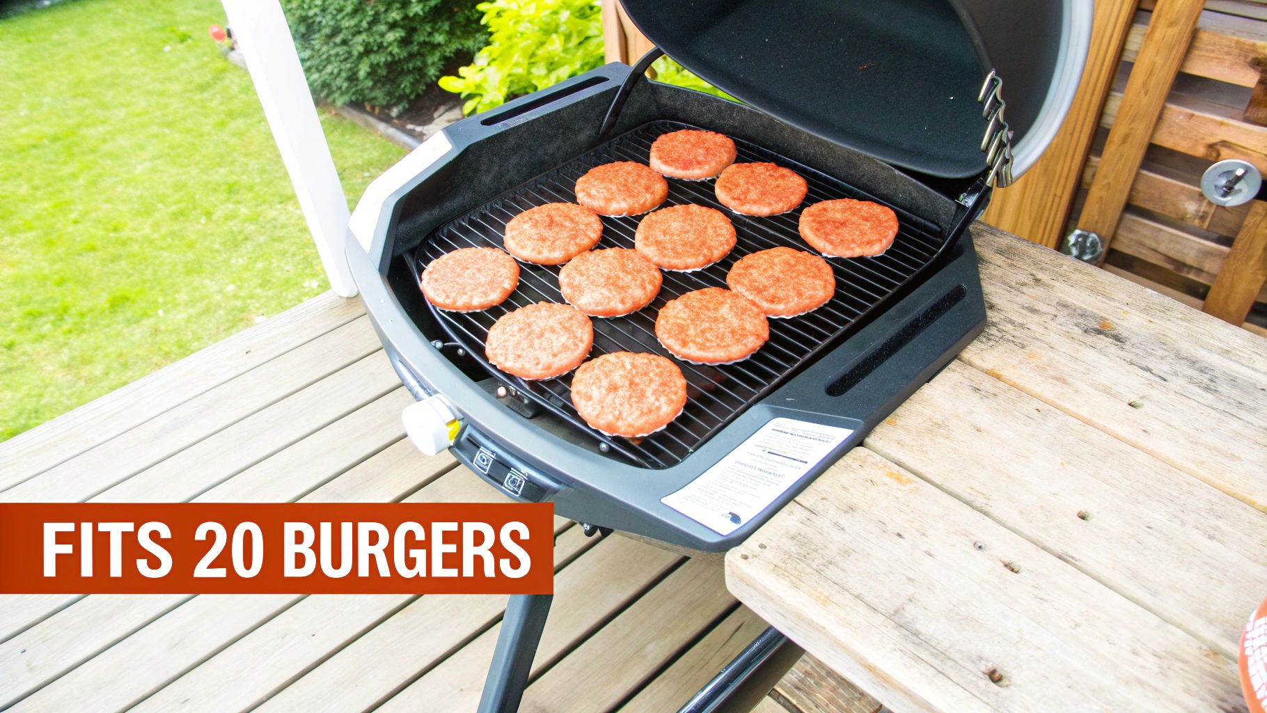 Two people grilling burgers on a medium-sized grill in a backyard setting.
