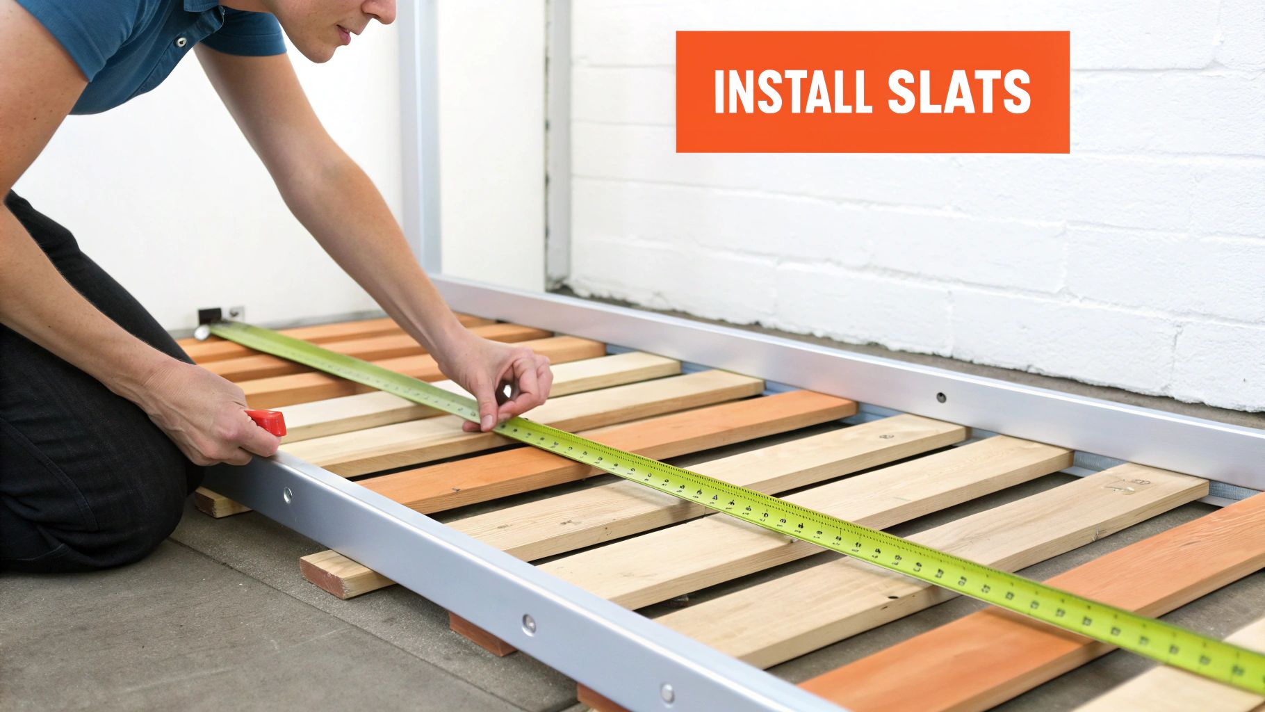 Slats being installed on a metal bed frame to provide a solid base for a mattress.