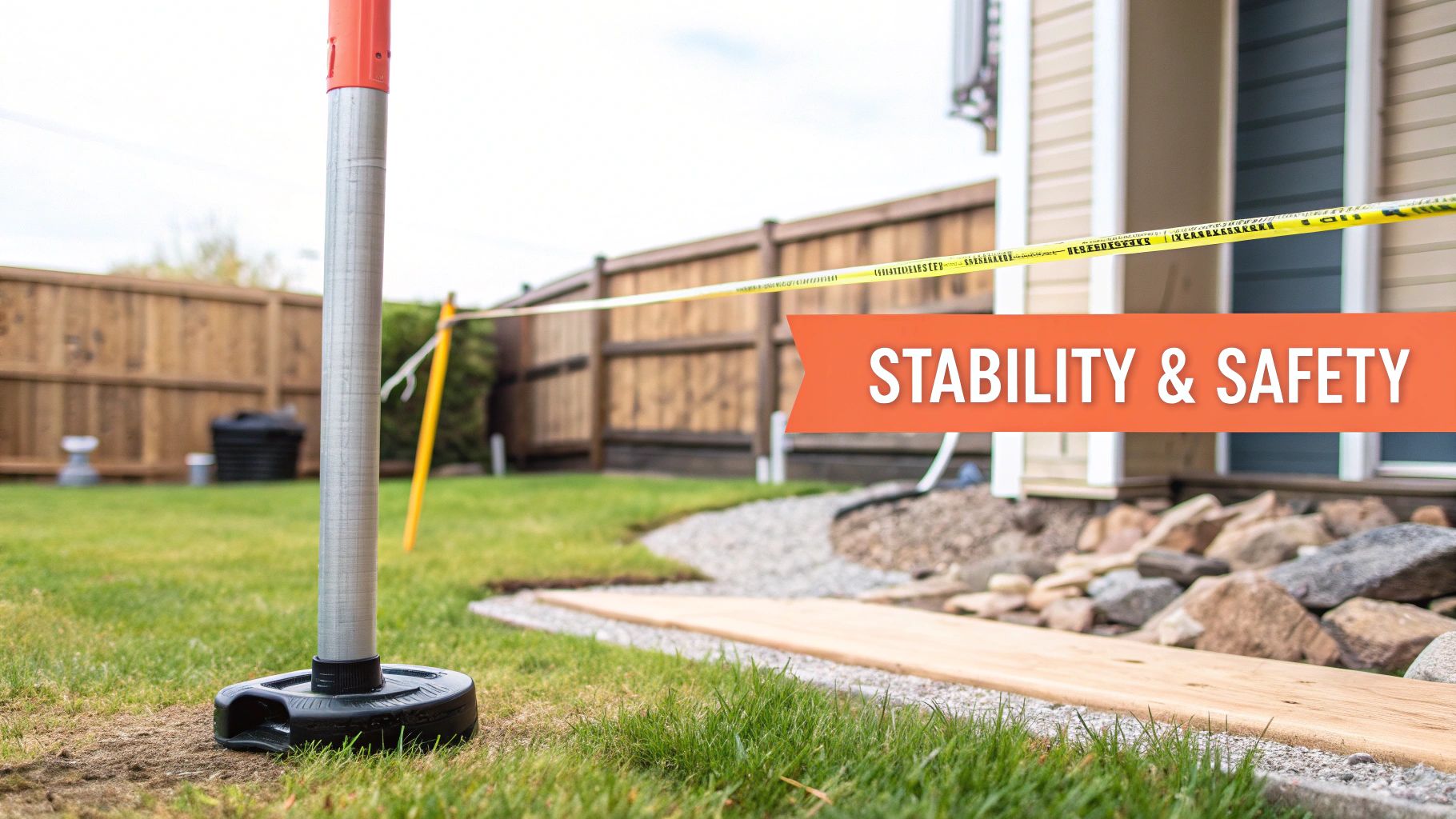 Yellow caution tape stretched across backyard construction site with safety pole and landscaping materials