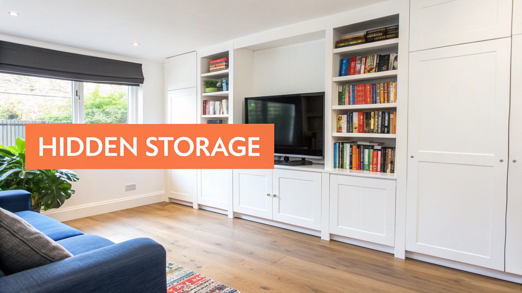 A white bookcase with stylish brown doors added, placed next to a modern gray armchair.