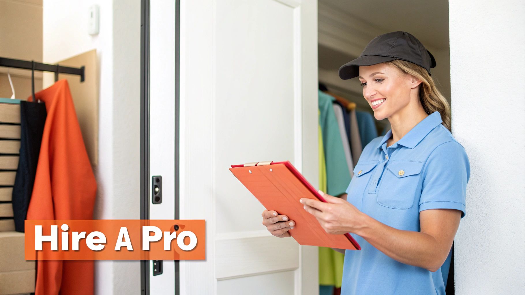 A smiling female service professional in a blue polo and cap holds a clipboard at a doorway.