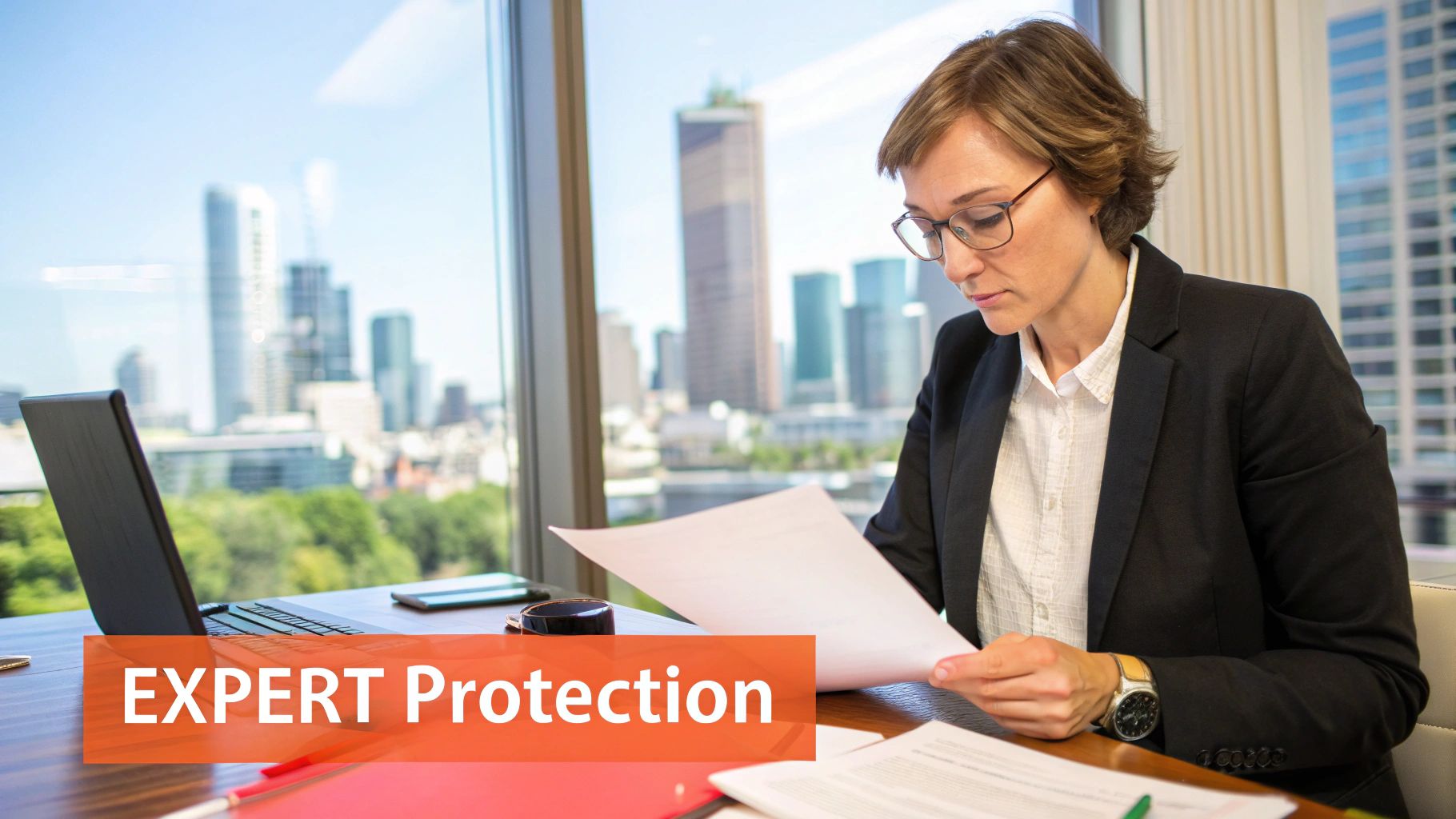 A professional consultant confidently advising a client, symbolizing protection and expertise.