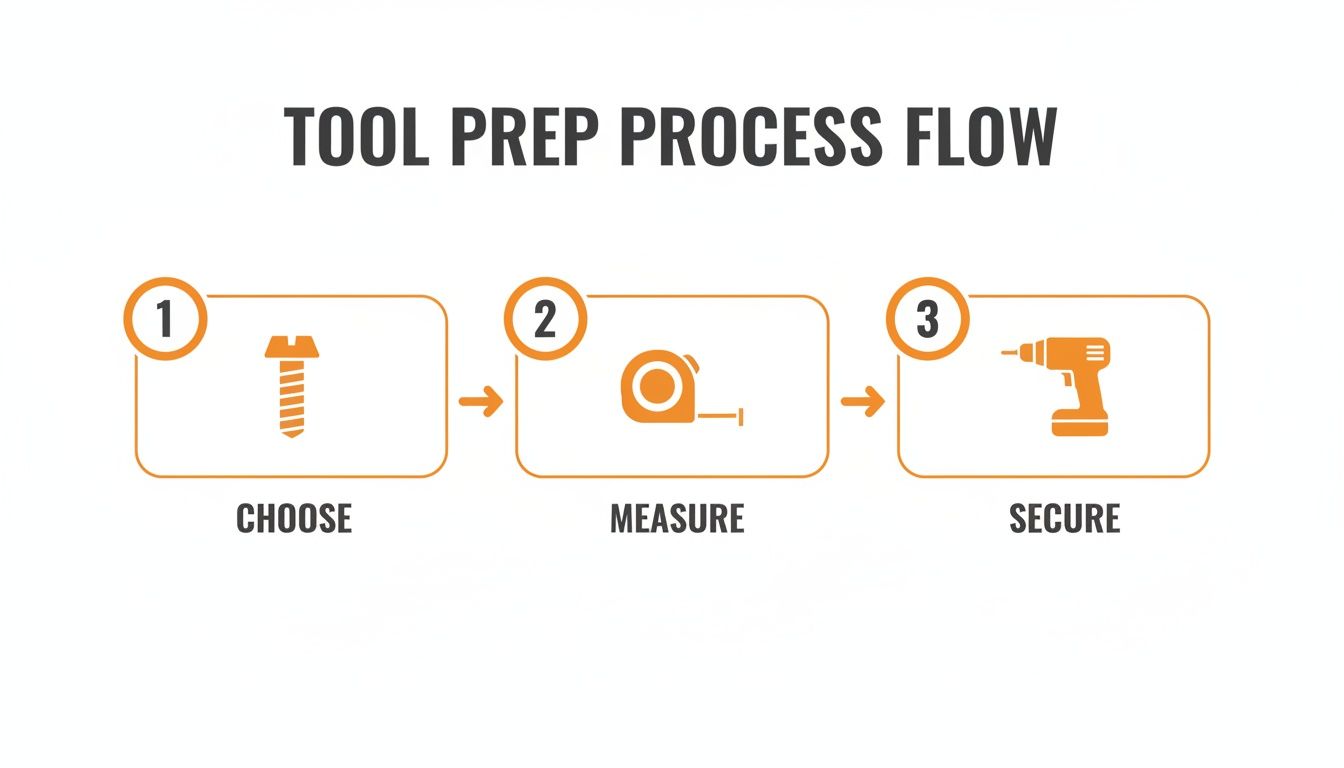 A three-step tool prep process flow diagram showing choose (screw), measure (tape), and secure (drill).
