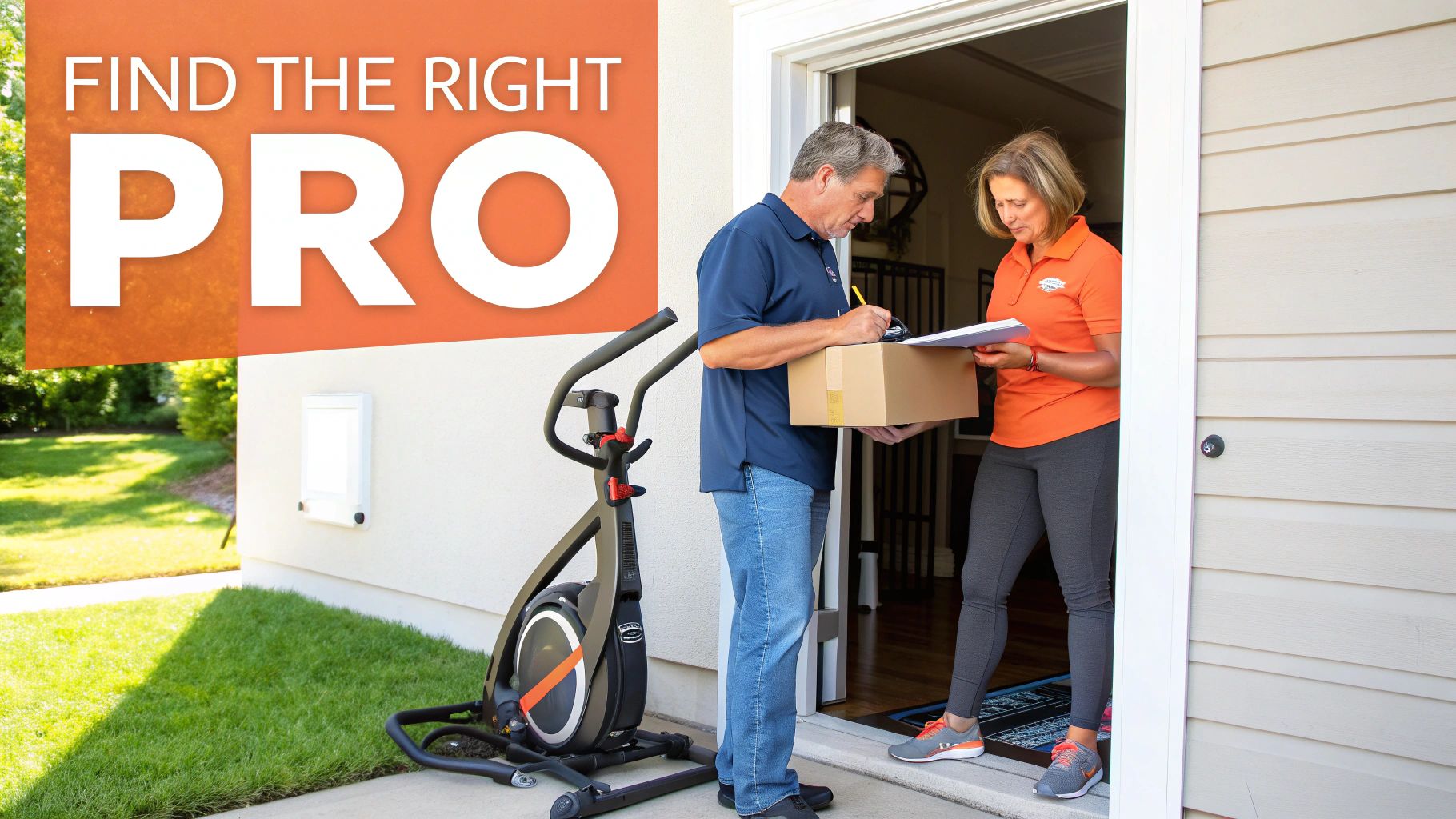 A technician assembling an elliptical in a living room.