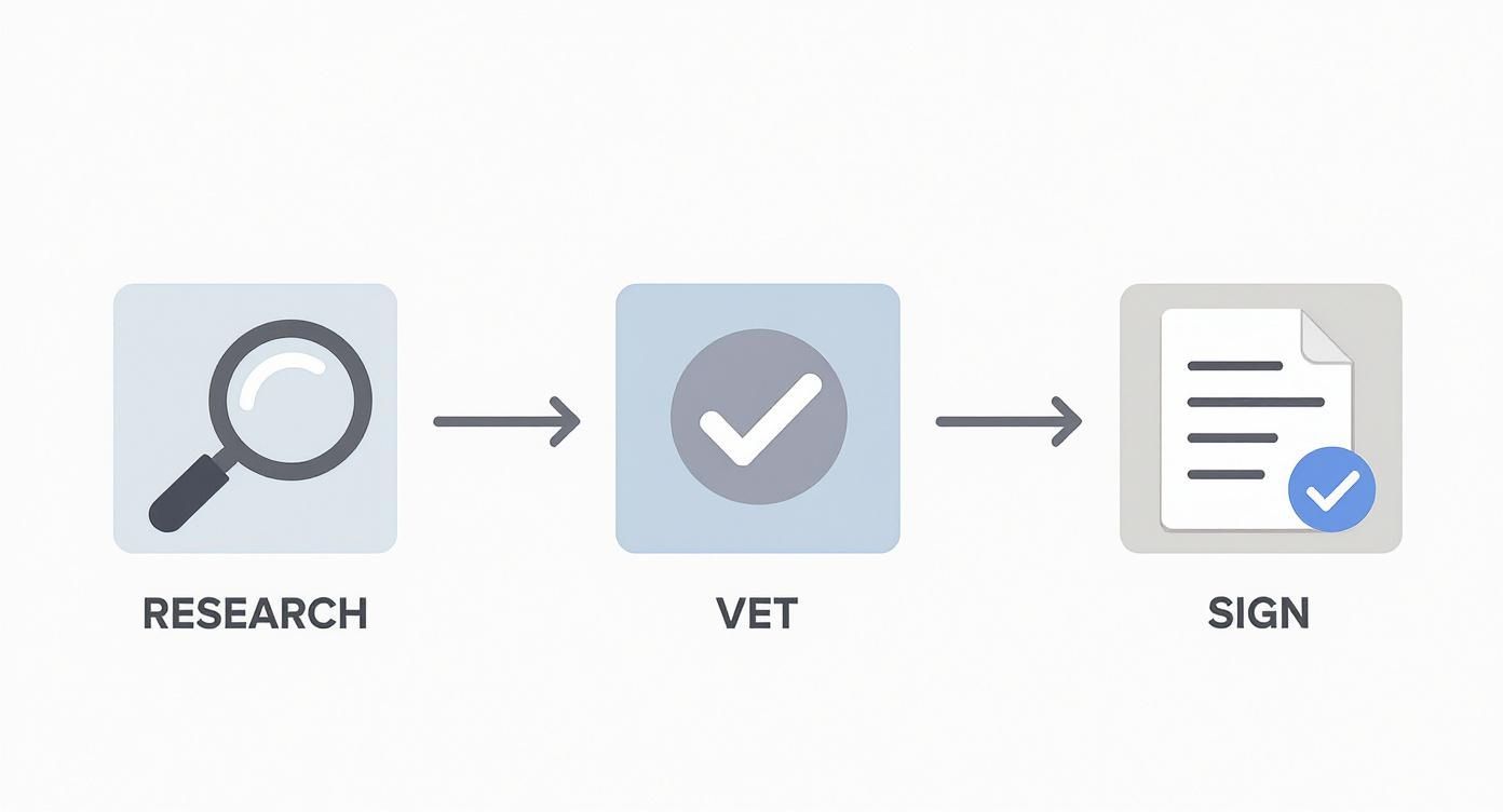 Three-step process workflow diagram showing research magnifying glass, vet checkmark, and sign document icons