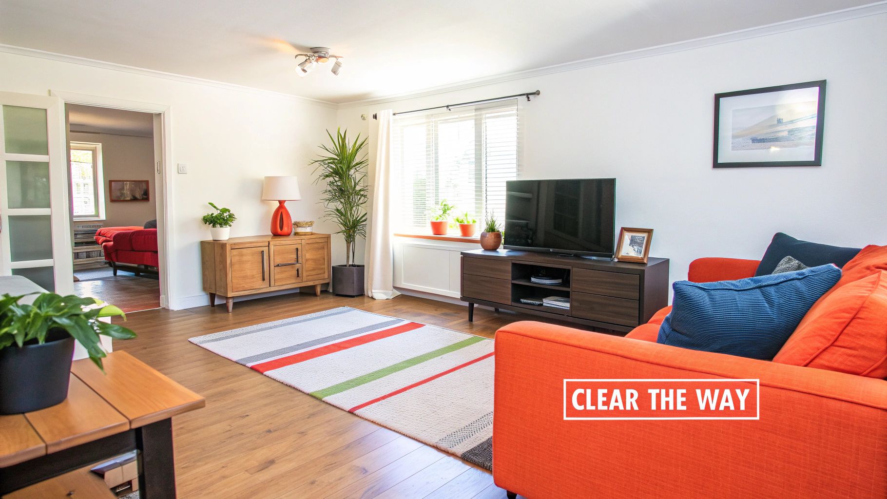 A team of professionals assembling a large sectional sofa in a bright, modern living room.
