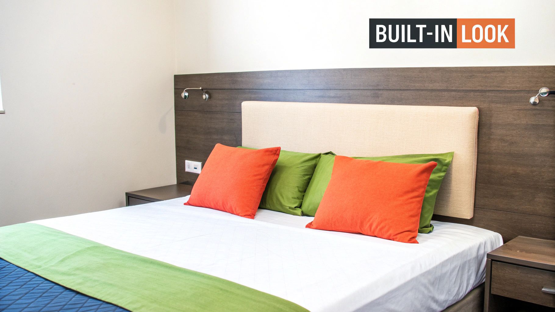 A modern bedroom with a bed featuring a wooden headboard, side tables, and vibrant orange and green pillows.