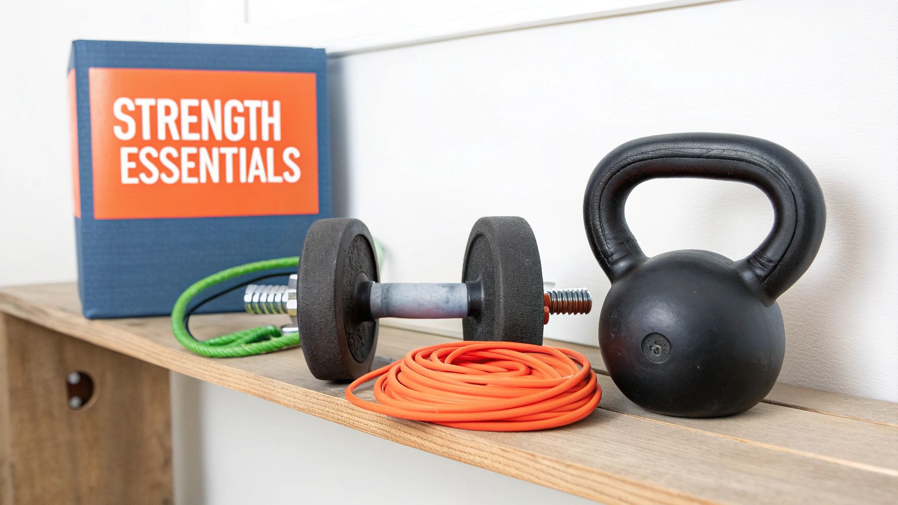 A collection of home fitness equipment, including a book, dumbbell, resistance bands, and kettlebell, on a wooden shelf.