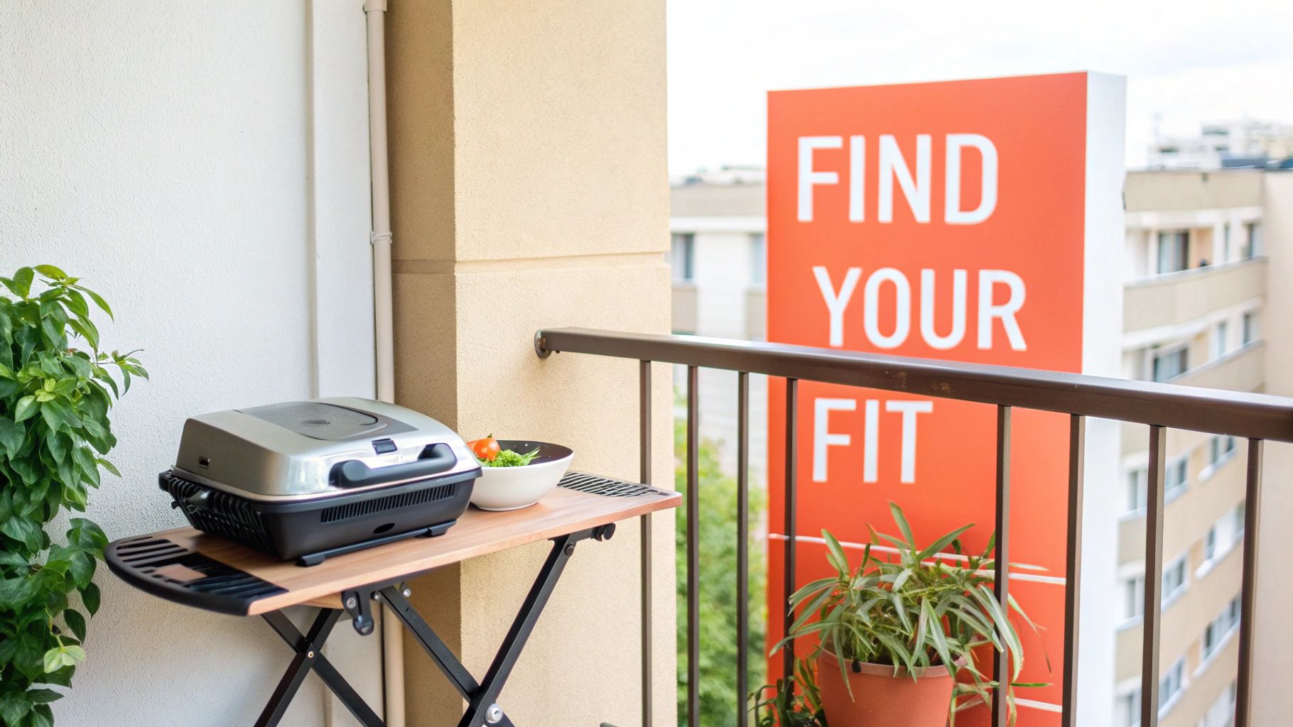 A compact grill and salad on a small balcony table with plants and a "FIND YOUR FIT" sign.
