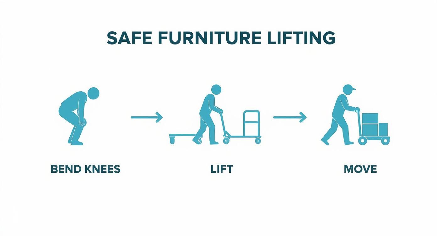 Infographic illustrating three steps for safe furniture lifting: bend knees, lift with a dolly, and move items.