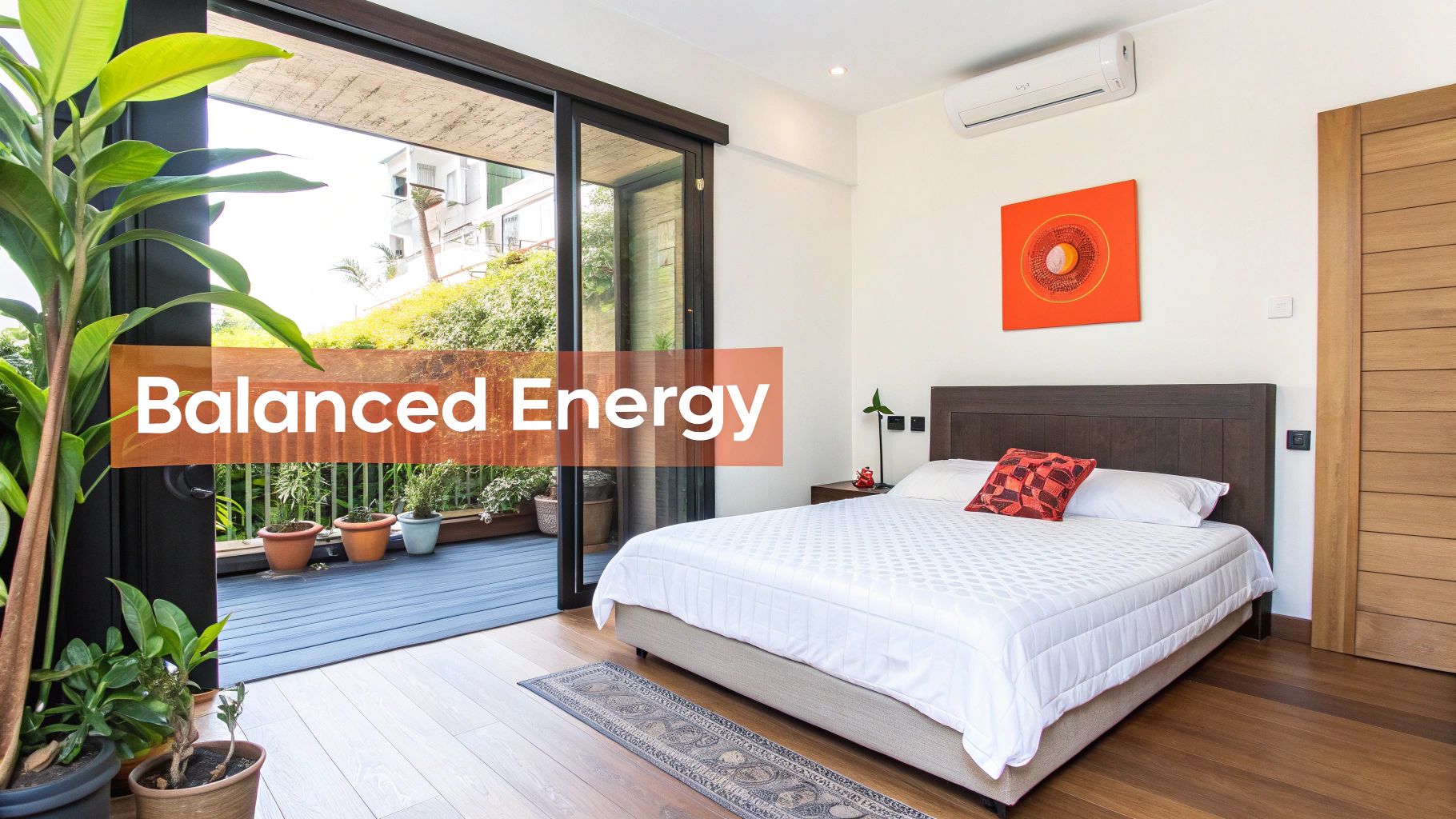 A bright, modern bedroom featuring a bed, an orange artwork, and a sliding door to a green balcony.