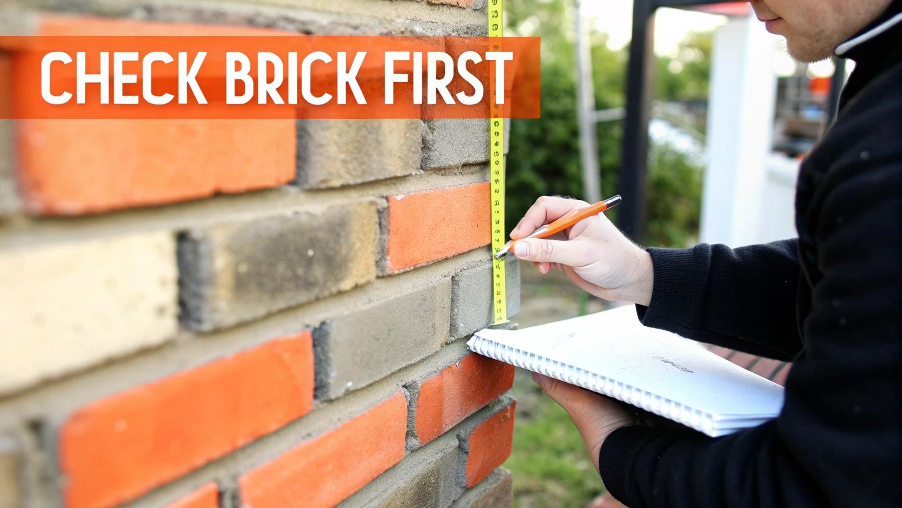A person's hands holding a hammer drill against a brick wall, ready to drill a hole