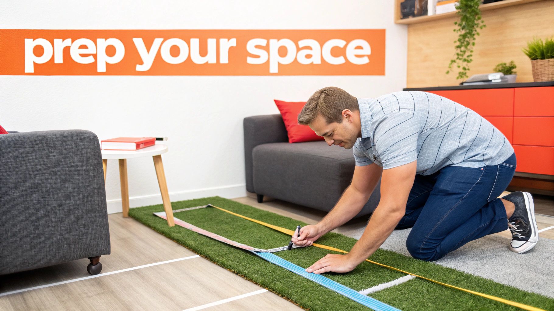 Man kneeling on artificial turf, marking lines with measuring tapes to prep a space.