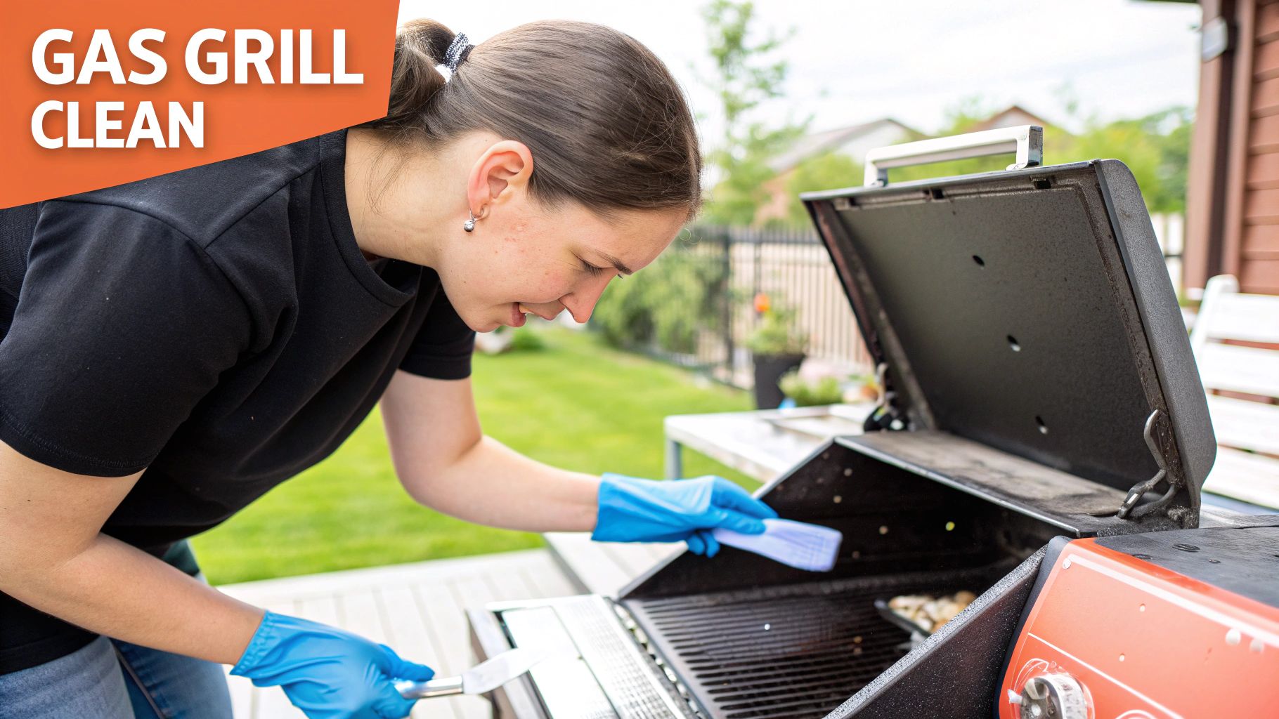 A person wearing gloves and scrubbing the grates of a gas grill outdoors.