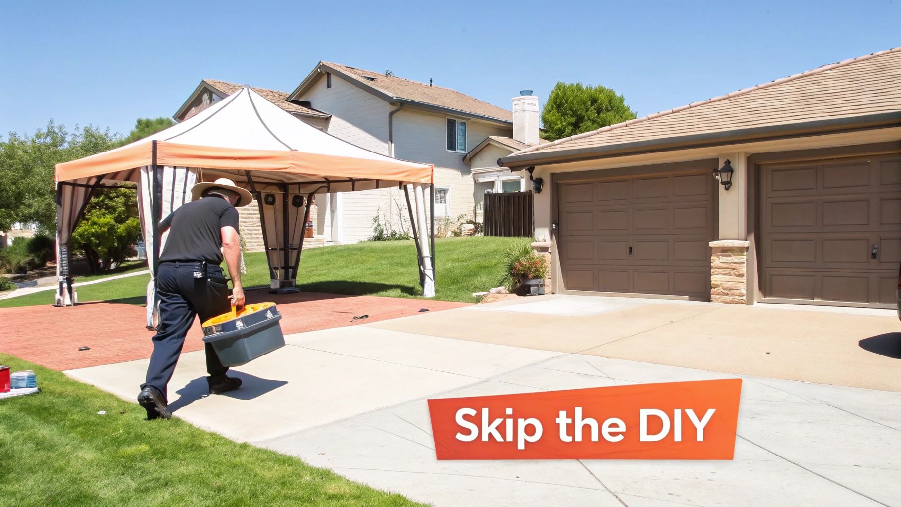 A man wearing a hat carries a toolbox towards an outdoor gazebo tent on a sunny day.