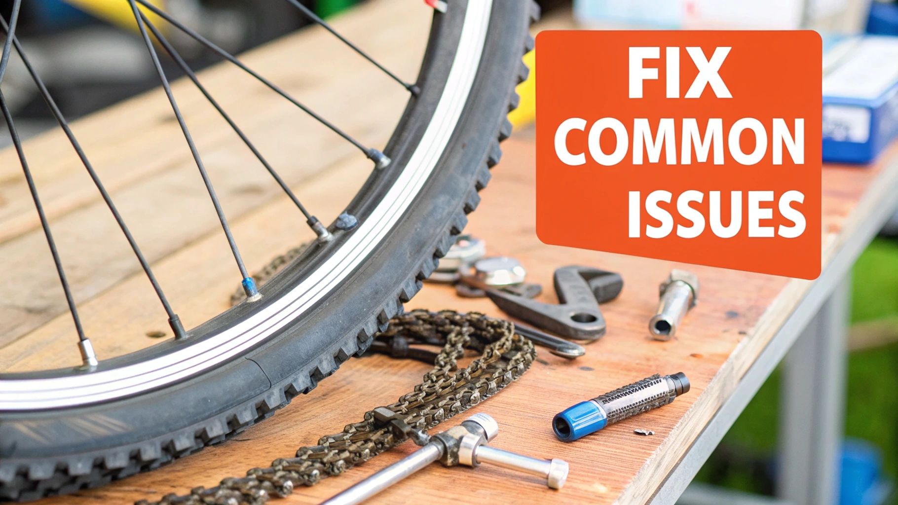 A bicycle wheel and chain with various tools on a wooden workbench, indicating bike repair.
