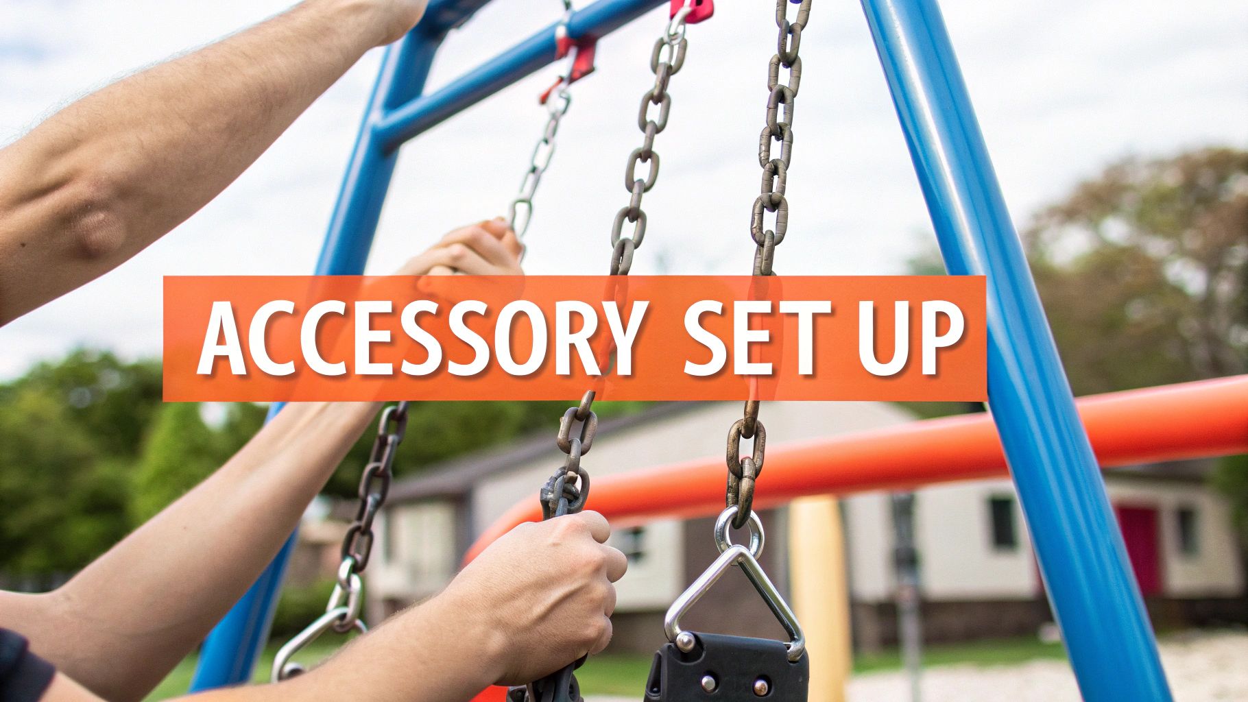 A parent and child working together to assemble a wooden swing set frame in their backyard.