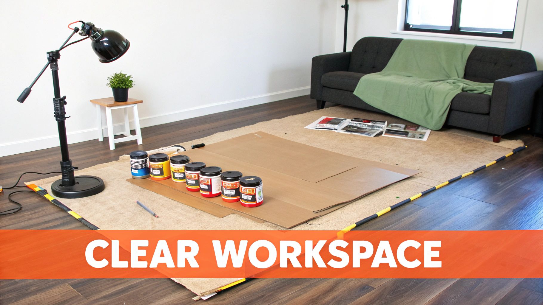 An organized workspace with IKEA furniture parts laid out on the floor, ready for assembly.