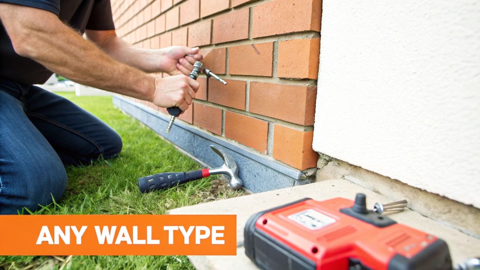 A person uses a power tool to drill into a brick wall, showcasing versatility for any wall type.