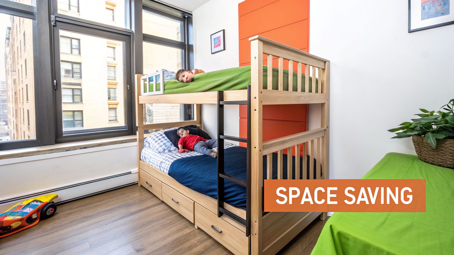 Two kids sleeping in a space-saving wooden bunk bed with storage drawers in a bright room.