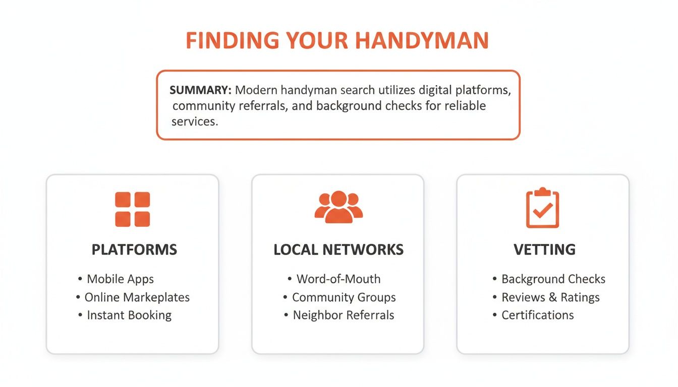 Infographic showing how to find a handyman using digital platforms, local networks, and vetting.
