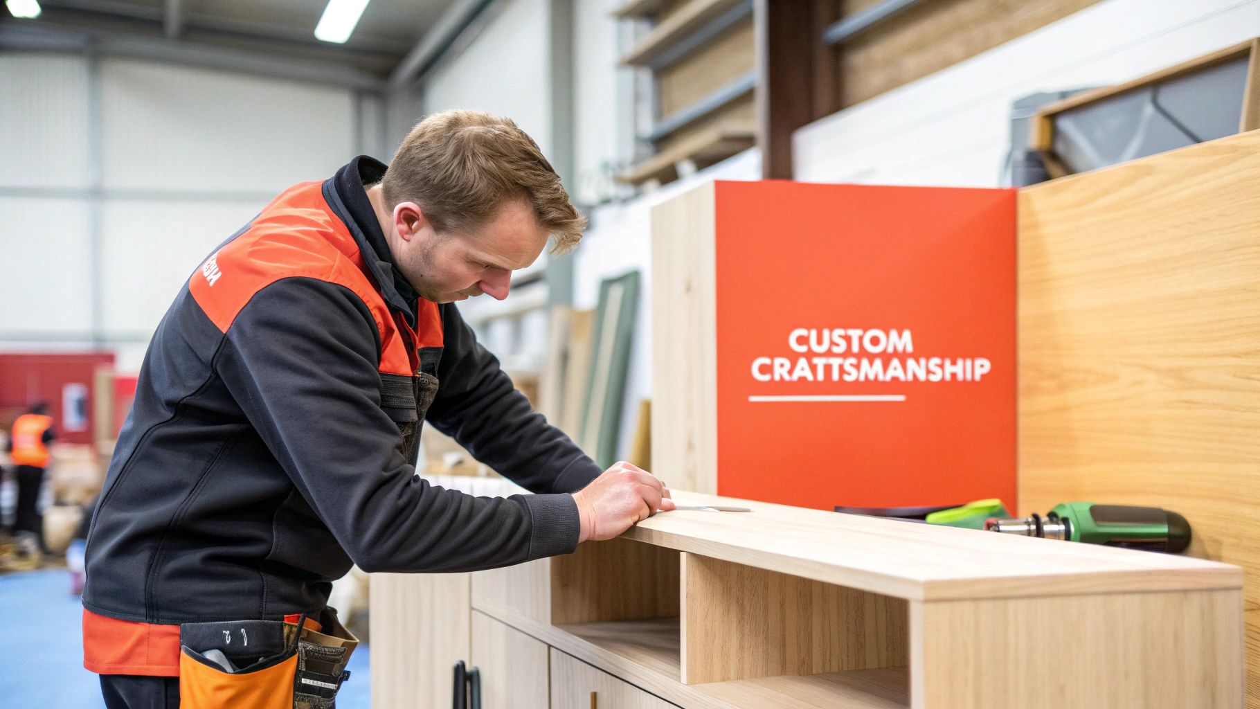 A professional furniture maker sanding a piece of custom wood furniture in a workshop.