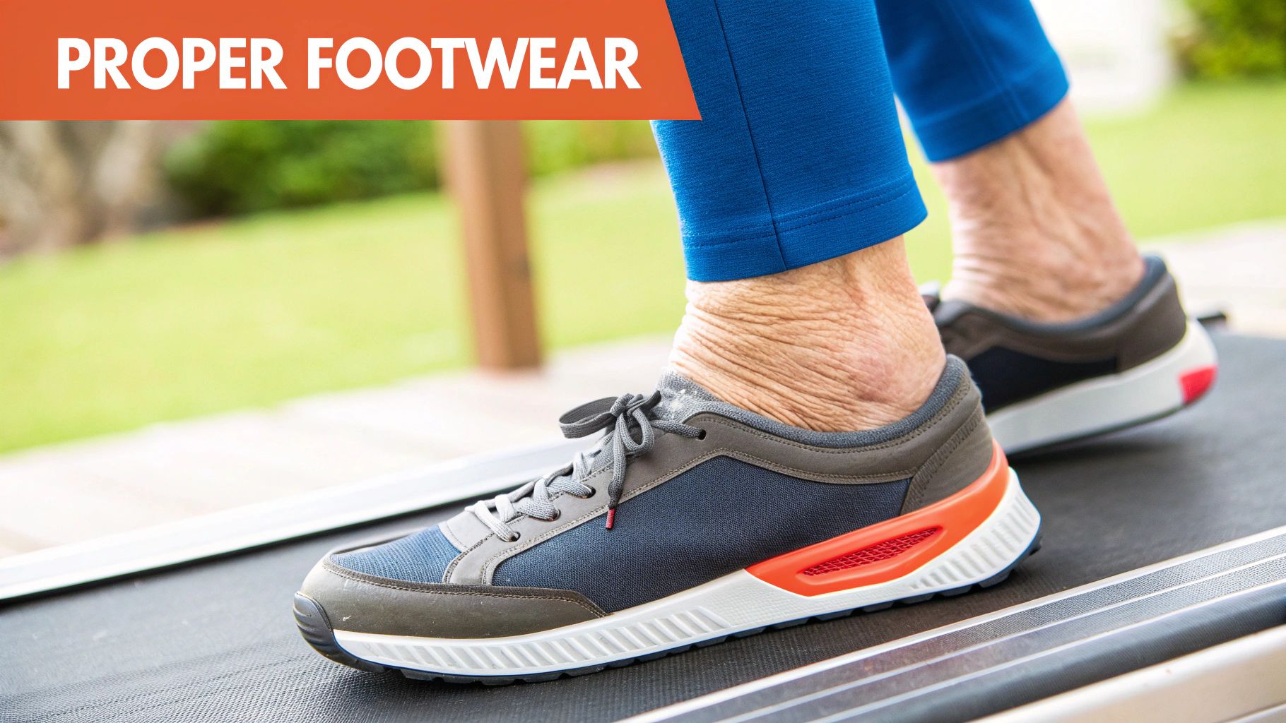 Close-up of an elderly person wearing supportive athletic shoes on a treadmill.