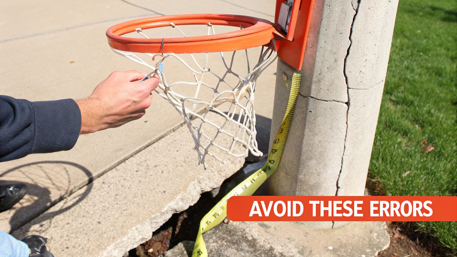 A person marking the ground for a basketball hoop installation.