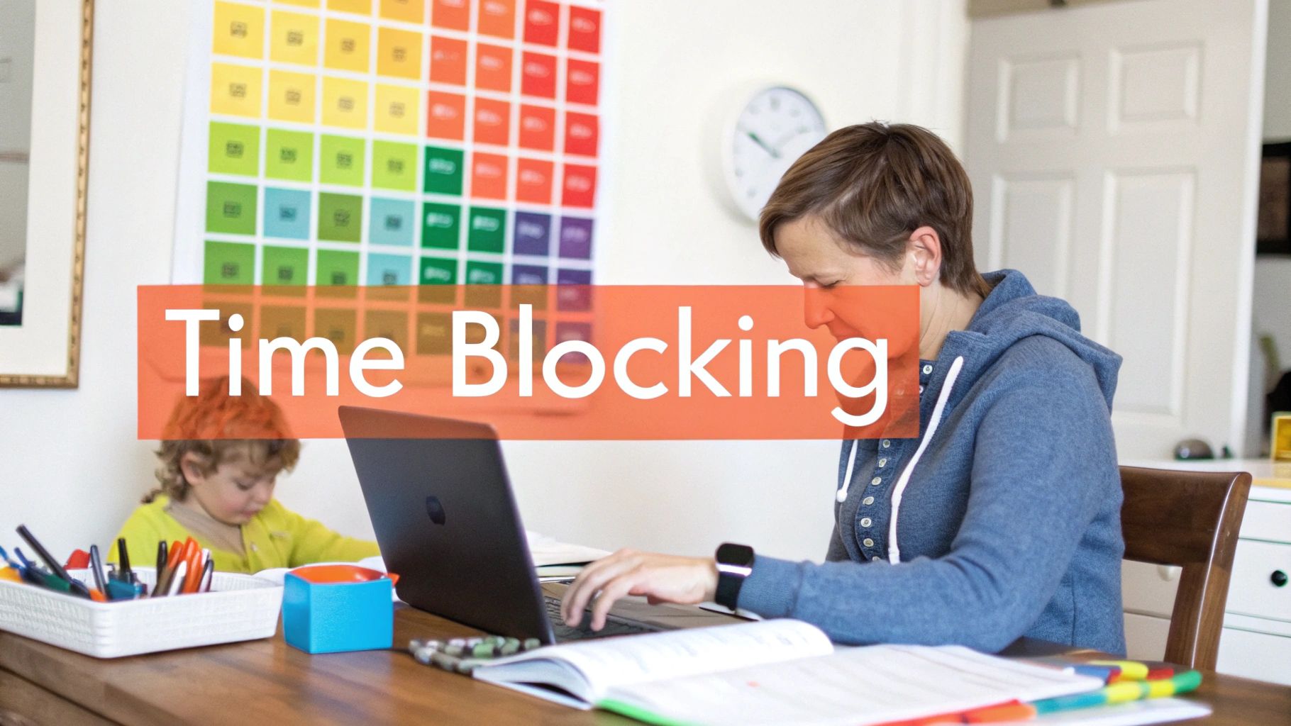 A parent works on a laptop at a busy home desk with a child nearby, illustrating time blocking.