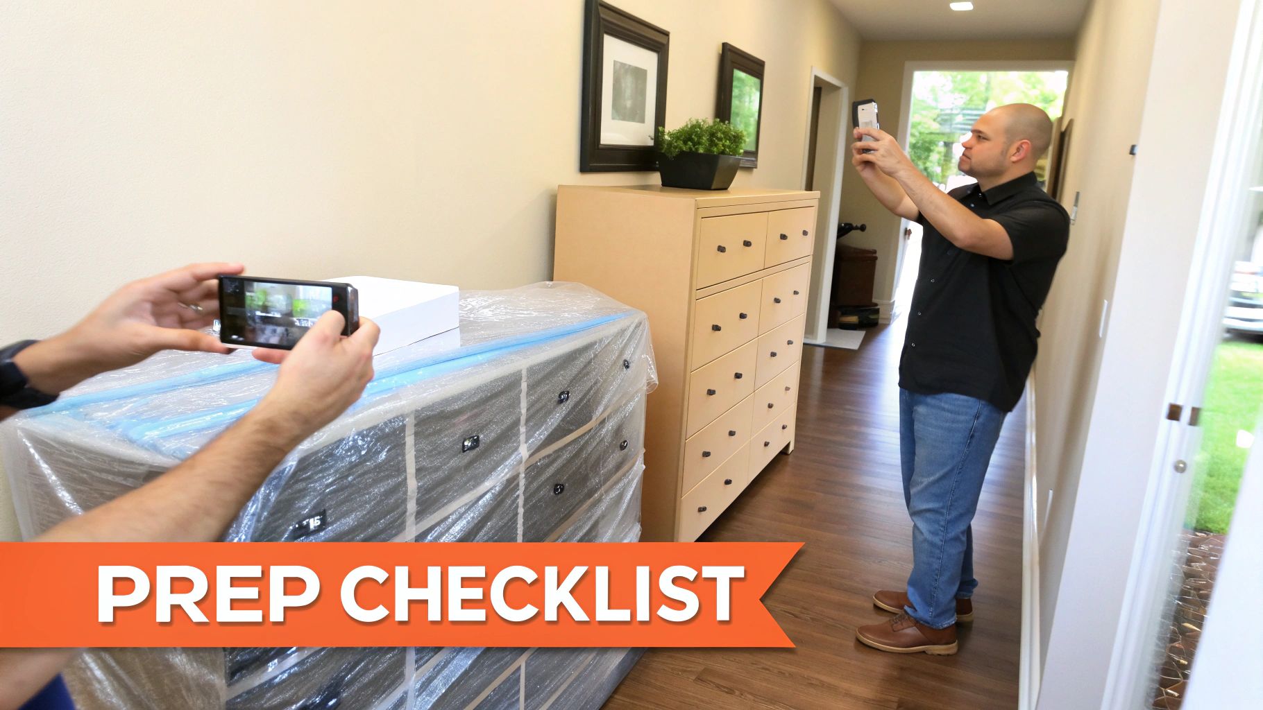 Two people taking photos of wrapped and unwrapped furniture for a moving prep checklist.