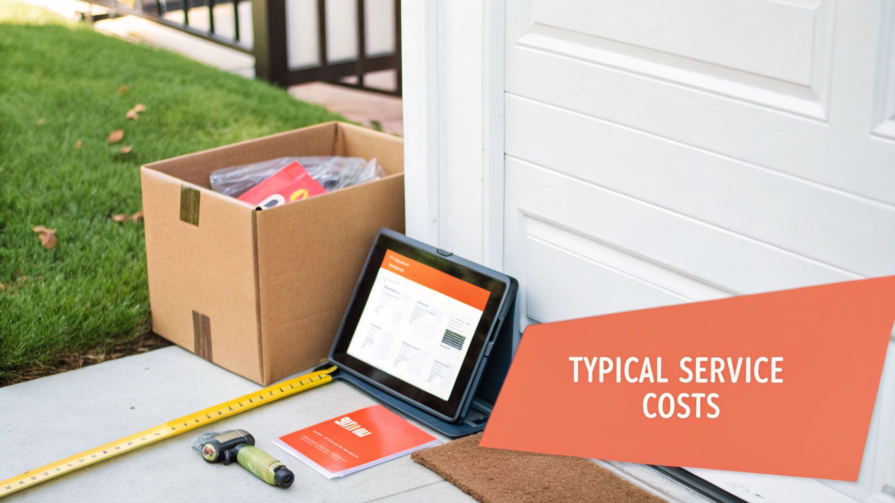 A delivery box, tablet, and various tools on a doorstep, with 'TYPICAL SERVICE COSTS' text overlay.