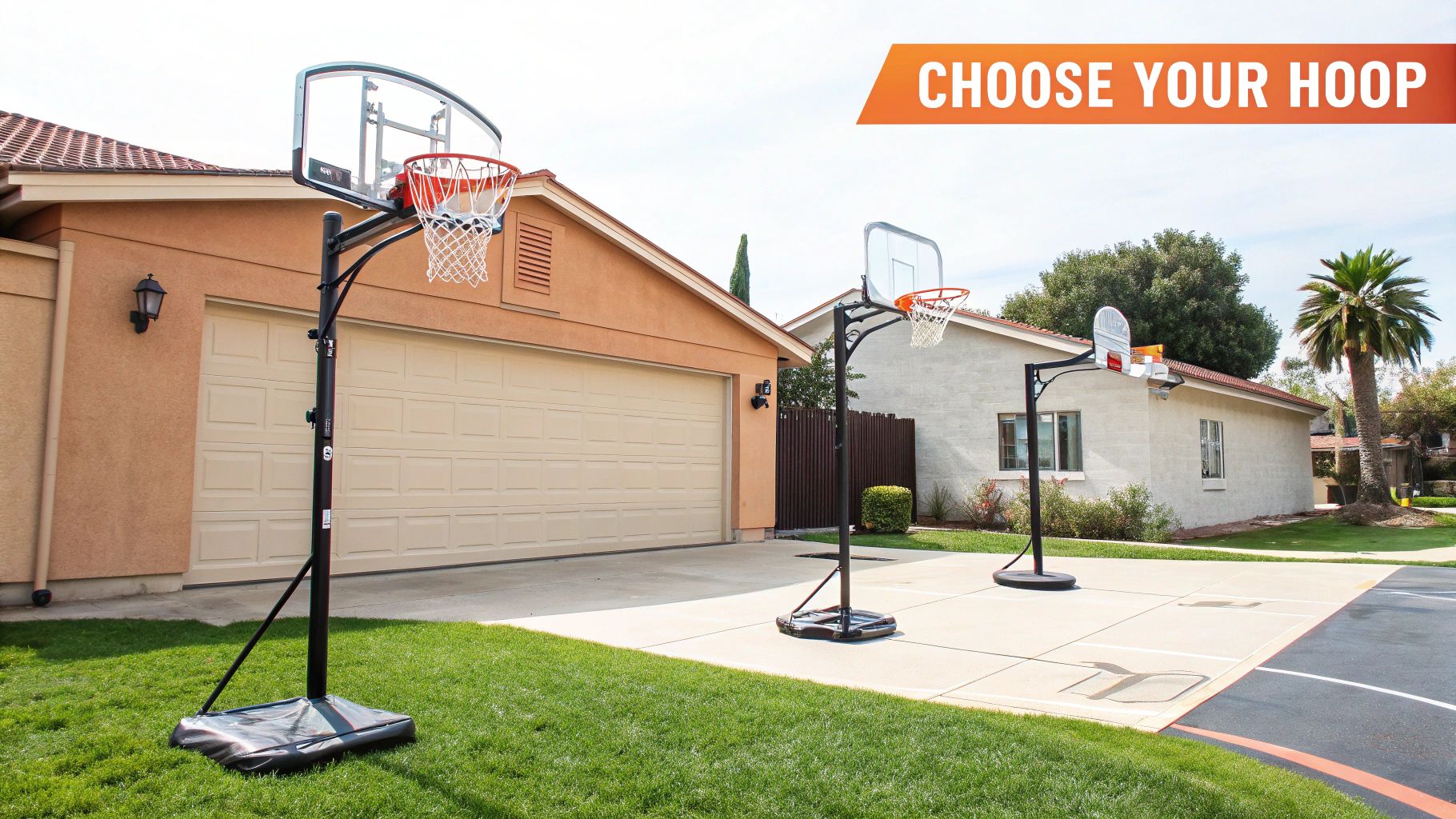 Three portable basketball hoops displayed on residential driveway showing different hoop options for home installation