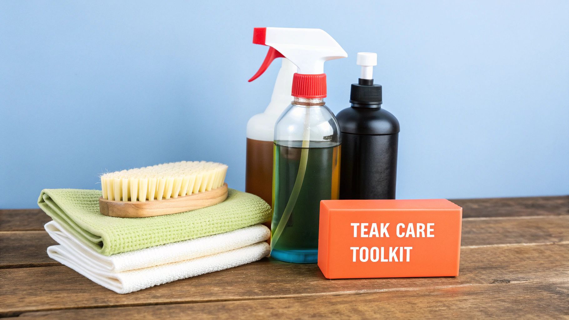 An organized set of teak furniture care products, including brushes, cloths, and bottles of cleaner and sealer, laid out on a wooden surface.