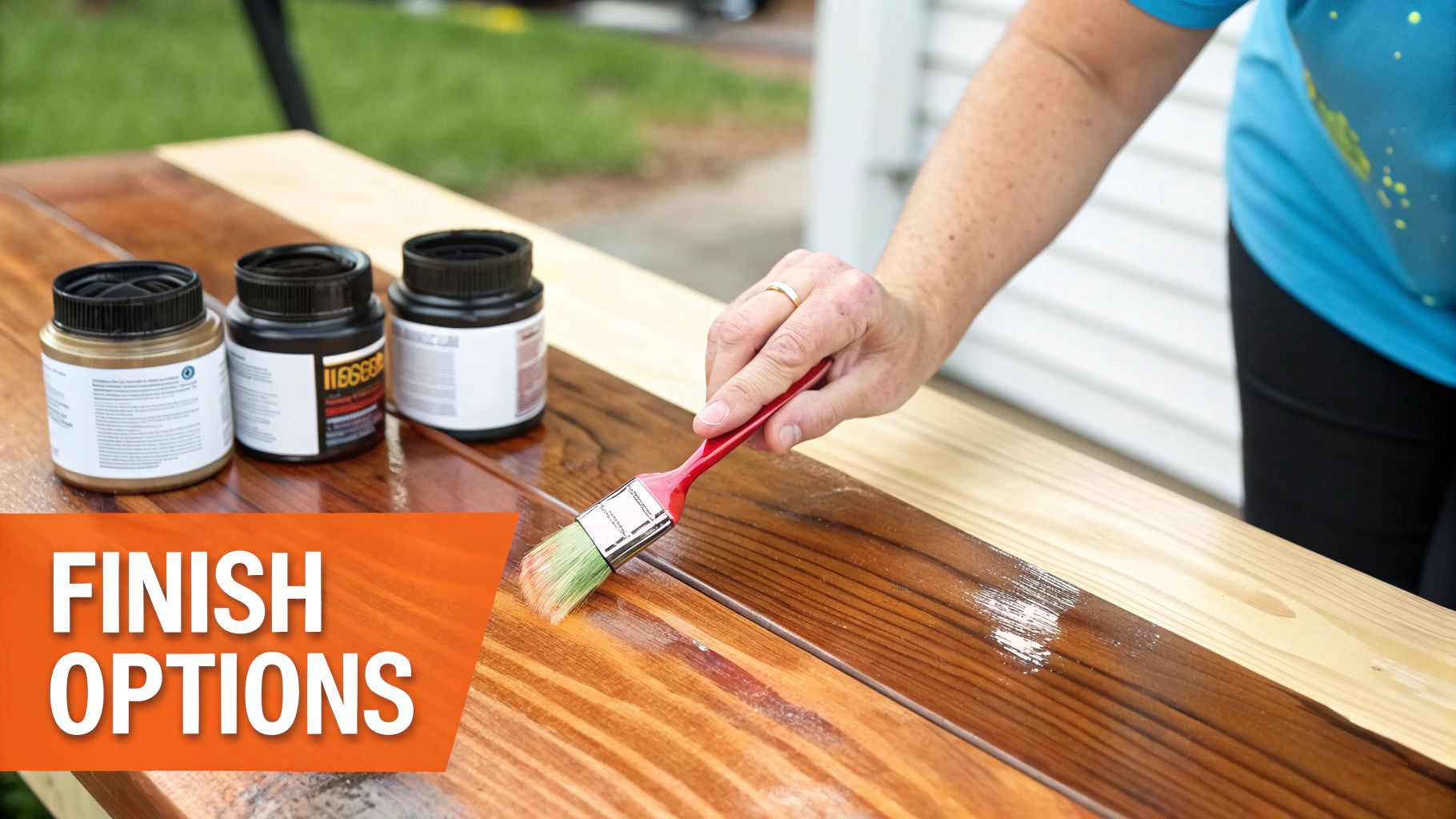 A person applying a clear finish to a wooden tabletop with a cloth.