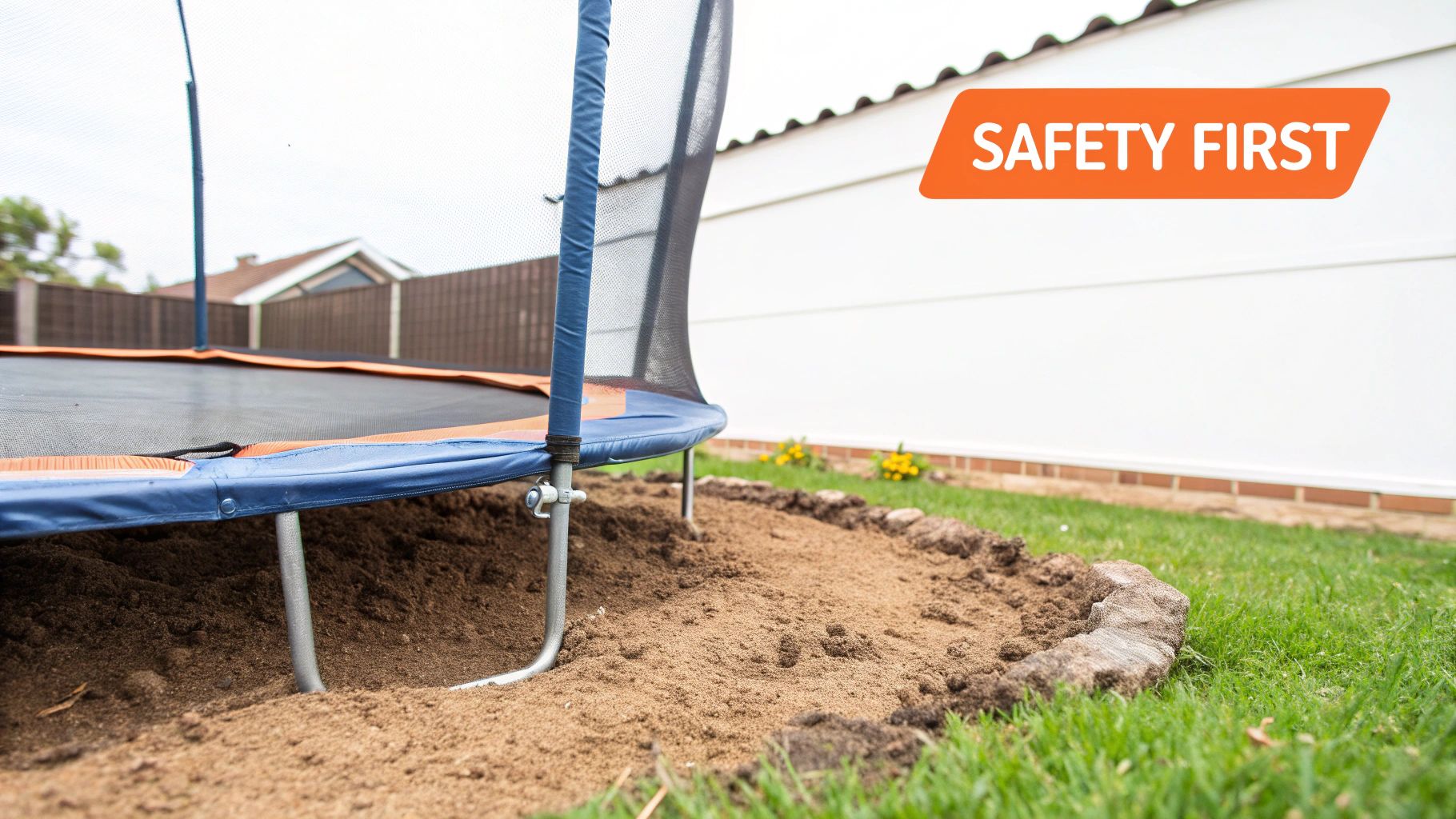 A partially installed in-ground trampoline in a backyard, with dug-up soil around its base and a 'SAFETY FIRST' sign.