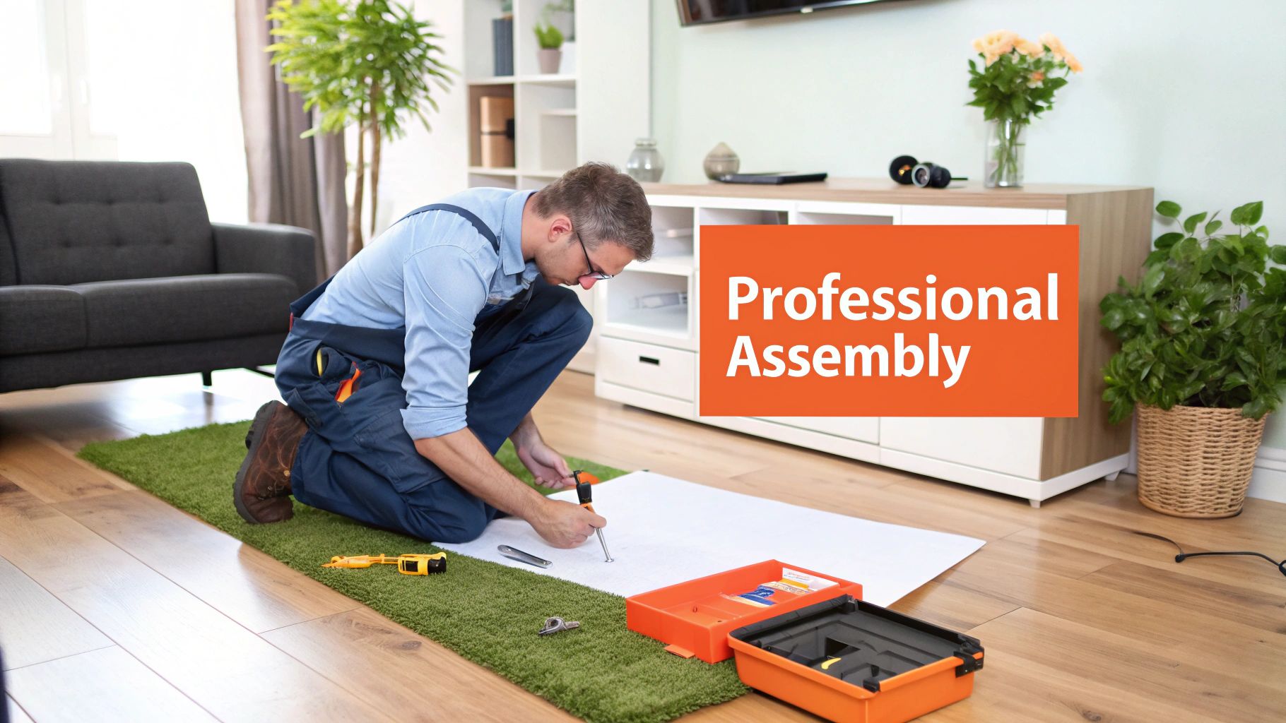 A professional assembler kneeling on a rug, installing furniture in a modern living room.
