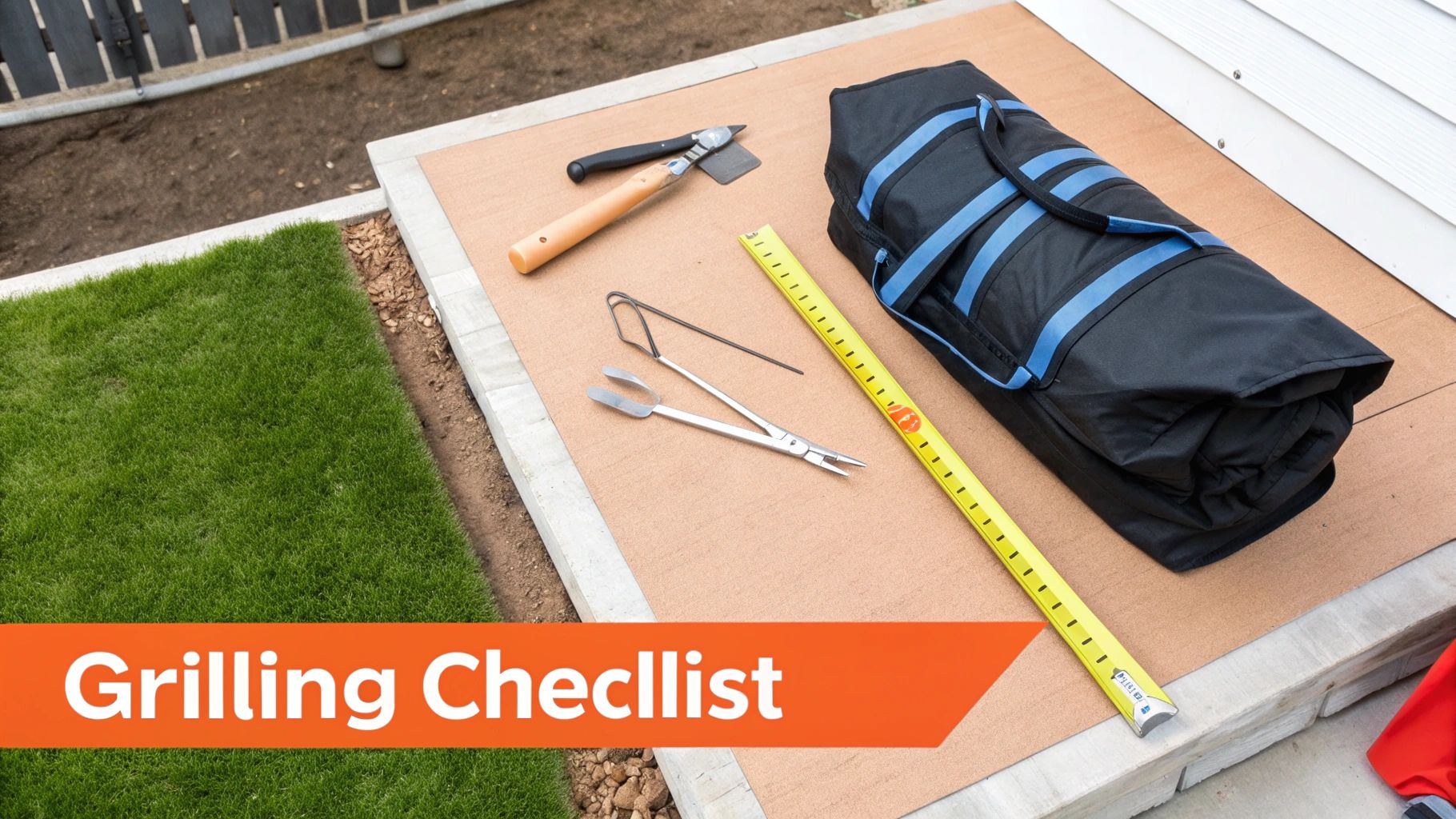 Various grilling and outdoor tools including tongs, an axe, measuring tape, and a black bag on a patio.