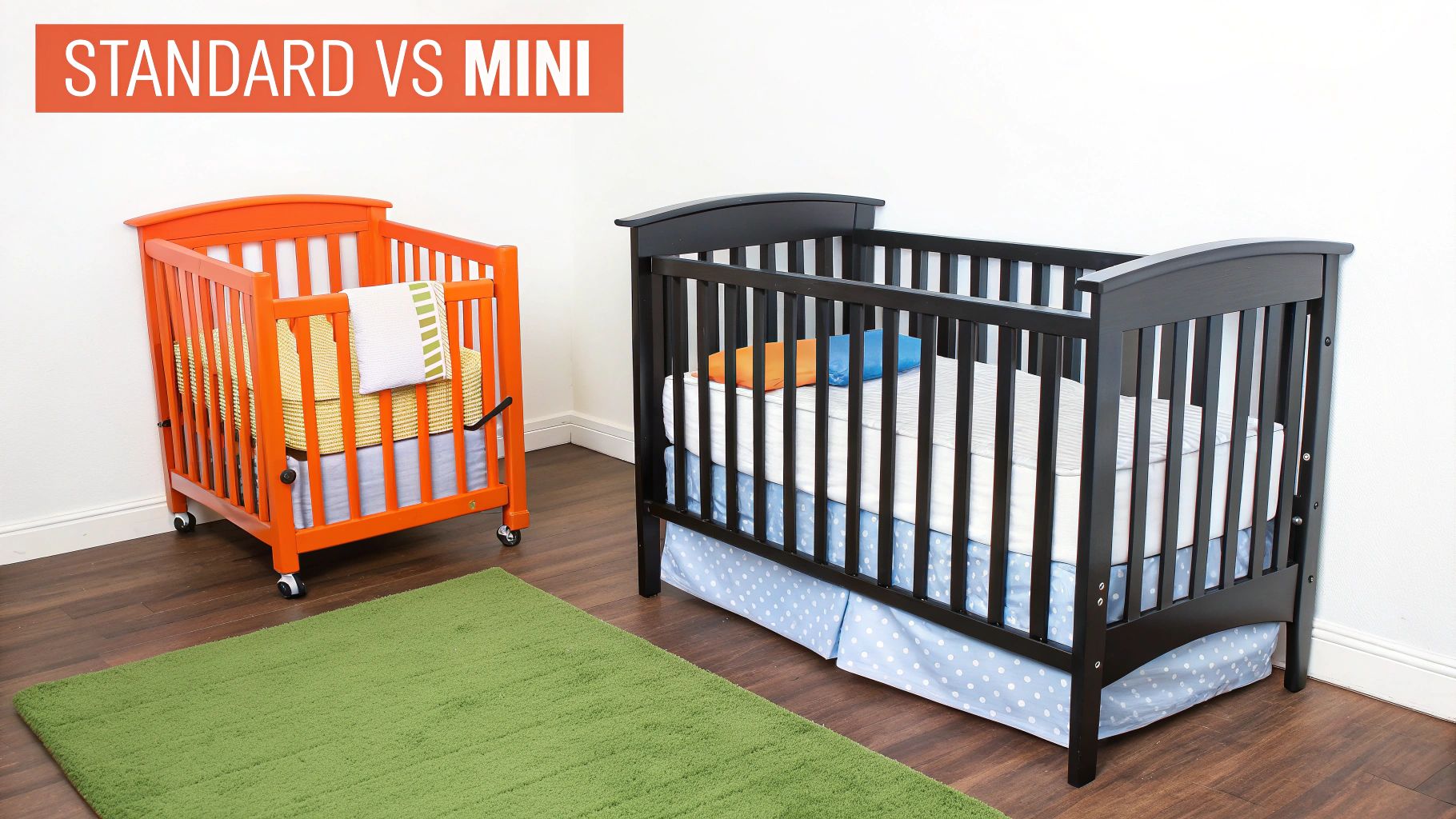 An orange mini crib and a black standard crib side by side on a wooden floor.