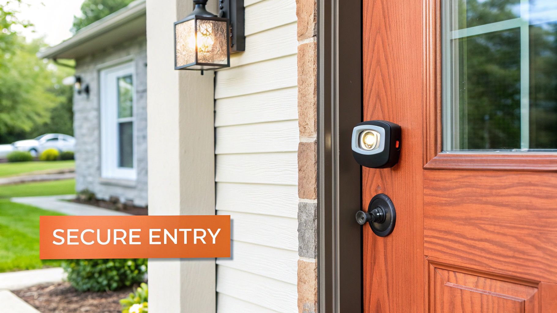 A well-lit front porch with a strong, secure door and modern lock.