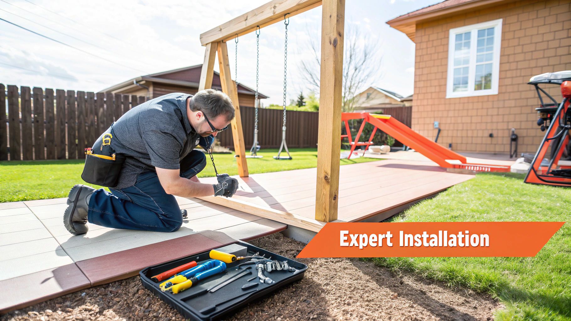 Children playing safely on a professionally installed wooden swing set in a backyard.