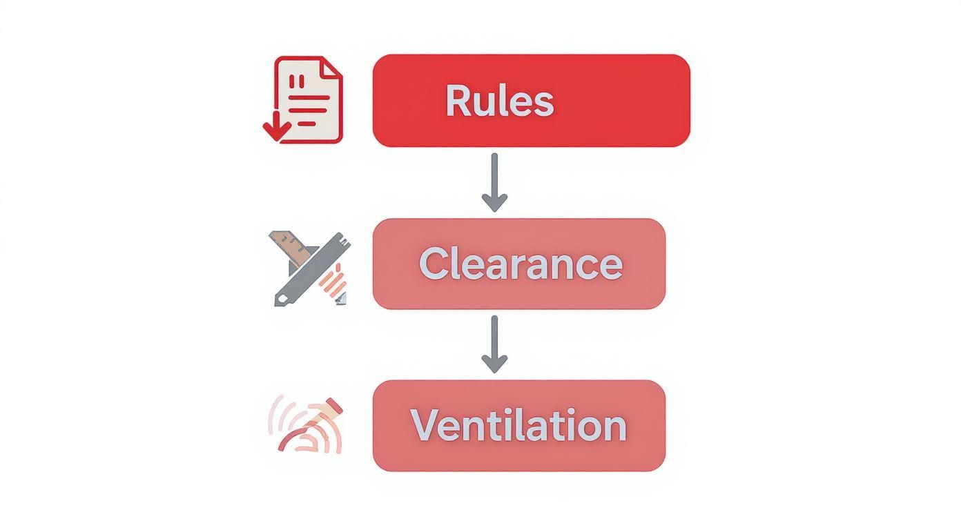 A vertical flow chart showing three steps: Rules, Clearance, and Ventilation, each with a corresponding icon.