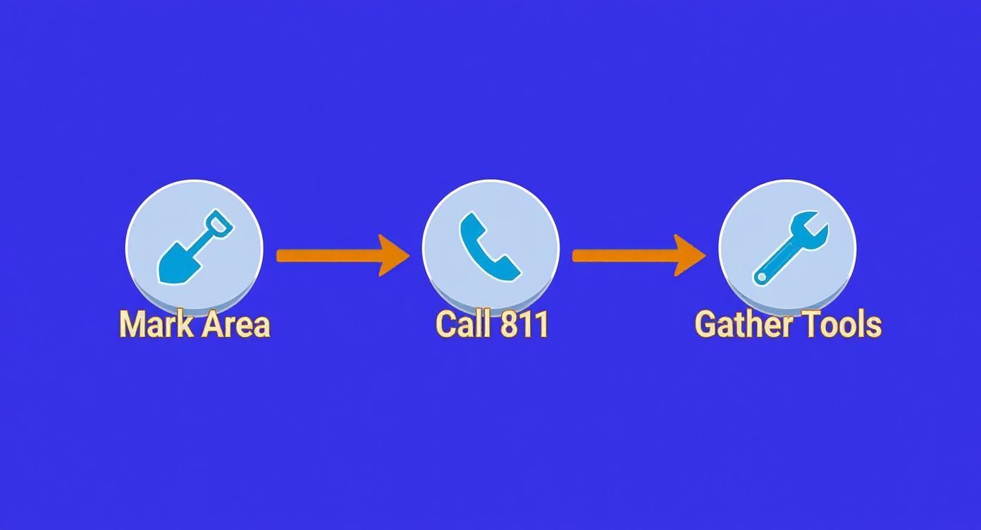 Three-step emergency utility process showing mark area with shovel, call 811, and gather tools with wrench